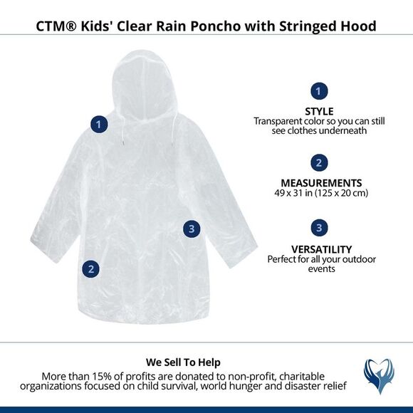 CTM Kids' Clear Rain Poncho with Stringed Hood - Picture 3 of 3